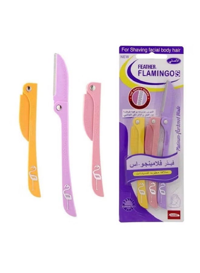 فيذر فلامينجو - اس شفرات حلاقة فلامينغو فيذر الأصلية للنساء لإزالة شعر الوجه والجسم، 3 شفرات، ألوان أصفر/وردي/بنفسجي، آمنة على البشرة - Image 2